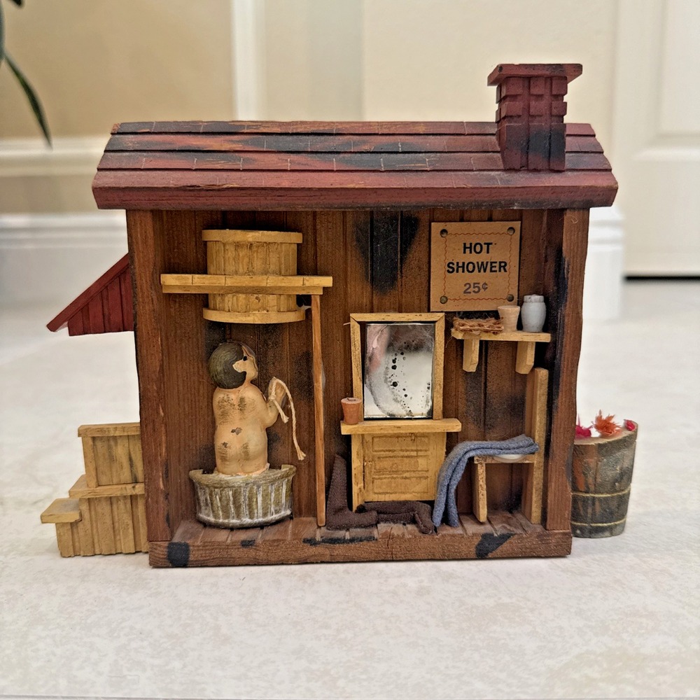 1970s ENESCO Folk Art Carved Wood Bathroom 3D Shadow Box Cabin Wall Hanging
